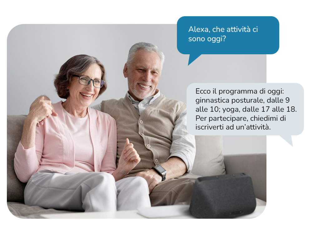 Una coppia di anziani chiede ad Alexa quali attività ci sono oggi e riceve il programma della giornata.